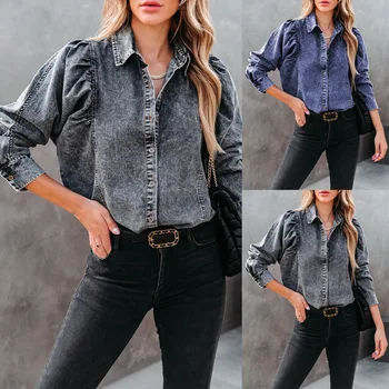 2023 Весенне-осенняя джинсовая блузка в стиле бохо, повседневные свободные рубашки для женщин, топы, хлопковая винтажная рубашка с длинными рукавами-паффами