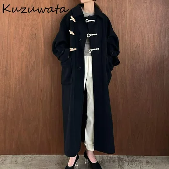 Kuzuwata Осенне-Зимняя Одежда Женская Куртка Из Японской Высококачественной Смешанной Шерсти С Длинной Роговой Пряжкой Свободное Пальто Модная Jaqueta Feminina