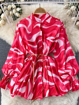 Весенняя мода Onalippa, Рубашки с принтом Tie Dye, Длинный рукав, Однобортный Воротник-стойка, Свободная блузка, Женские топы Design Sense