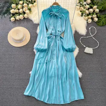 Модные тонкие однобортные платья макси с рукавами-фонариками, новинка весны 2024 года, высококачественная женская одежда, Элегантный женский яркий халат