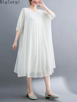 Негабаритное Свободное шикарное белое платье-футболка, Летняя женская Свободная повседневная Женская Корейская футболка большого размера, хлопковое платье феи