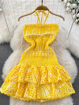 Новейшее дизайнерское платье HIGH STREET 2024, женское платье с открытой спиной, с открытой шеей и рюшами по краю